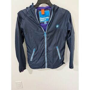 Superdry Men Sport Windbreaker Jacket Navy Blue Medium Hooded Full Zip Outerwear